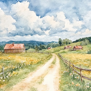 Country Farmhouse Watercolor Print Picturesque Rural Farmhouses Wall Art Print Wooden Fences Meadow Landscape Art Canvas by NataliaAyuArt