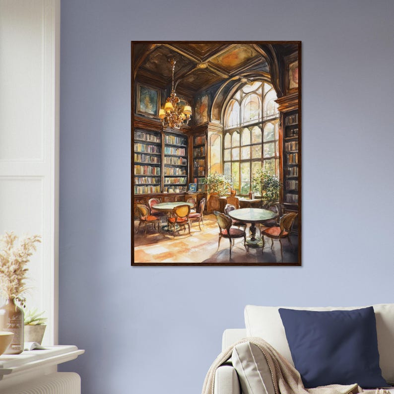 Classic Library Interior Watercolor Print: Elegant Reading Room Wall ...