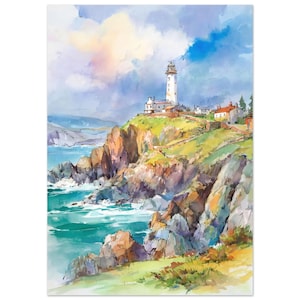 Puede incluir: Una pintura de acuarela que representa un faro blanco sobre un acantilado escarpado con vistas a un océano turquesa. La escena muestra un terreno rocoso con parches de hierba verde, pequeños edificios y un cielo dramático con nubes azules y amarillas.