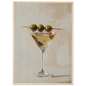 Martini Glas mit Oliven Öl Gemälde Martini Glas Minimalist Stillleben Kunst Cocktail Bar Dekor Küche Kunst Leinwand von NataliaAyuArt
