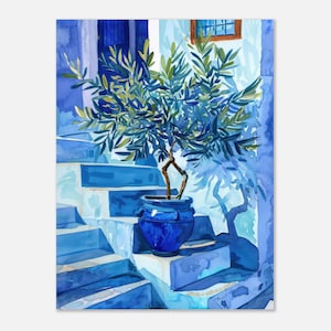 Aquarelprint olijfboom: mediterrane muurkunst, blauwe potkunstwerk