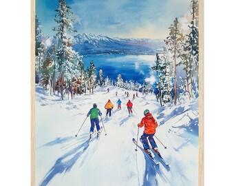 Lake Tahoe Skiing Watercolor Painting Print Winter Day Ski Resort Mountain Landscape Wall Art Print Lake Tahoe Artwork by NataliaAyuArt