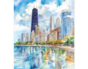 Chicago Skyline Watercolor Print: Lake Michigan Cityscape Wall Art