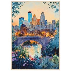 Minnesota Cityscape Watercolor Print Minneapolis Bridge and Blossoms Wall Art Print Minnesota Urban Skyline Artwork by NataliaAyuArt