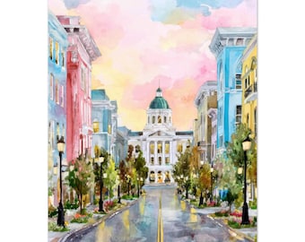 Impressão em aquarela de Montgomery, Alabama: Arte de parede do Capitólio do Estado do Sul