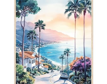Coastal California Sunset Watercolor PRINT San Diego Wall Art Print California USA Artwork Palm Trees Ocean View Canvas by NataliaAyuArt