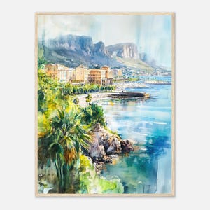 May include: A watercolor painting of a coastal town with buildings along the waterfront. The painting features a blue sky, a turquoise ocean, and green palm trees. The buildings are painted in shades of yellow and orange.