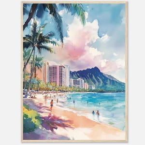 Impresión de acuarela de la playa de Honolulu y Waikiki Impresión de arte mural con puesta de sol en Hawái y cabeza de diamante Póster de viaje tropical de Hawái de NataliaAyuArt