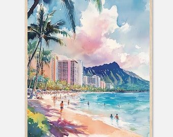 Honolulu Waikiki Beach Watercolor Painting Print Diamond Head Hawaii Sunset Wall Art Print Hawaii Tropical Travel Poster by NataliaAyuArt