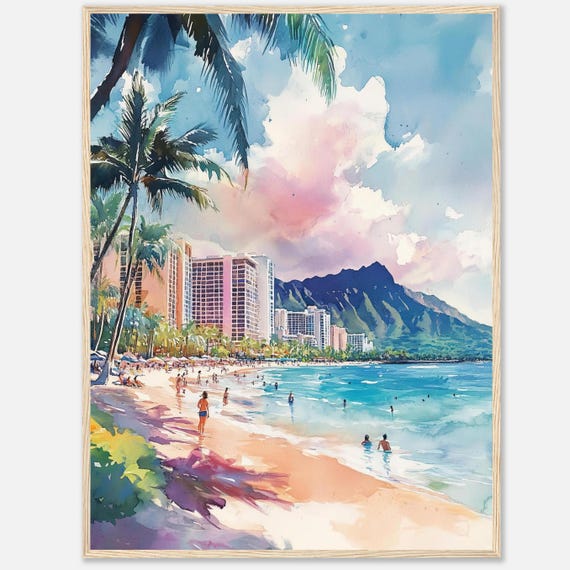Waikiki Beach Watercolor Print: Honolulu Hawaii Art, Diamond Head