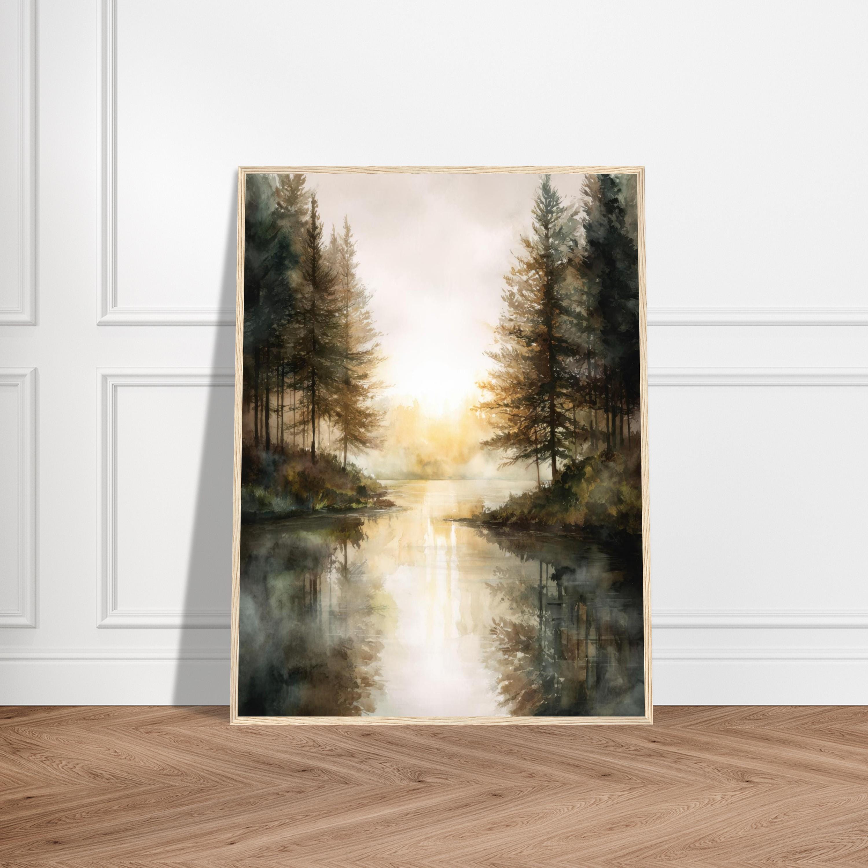 Misty Forest Lake Watercolor Print: Serene Sunrise Landscape Wall Art ...