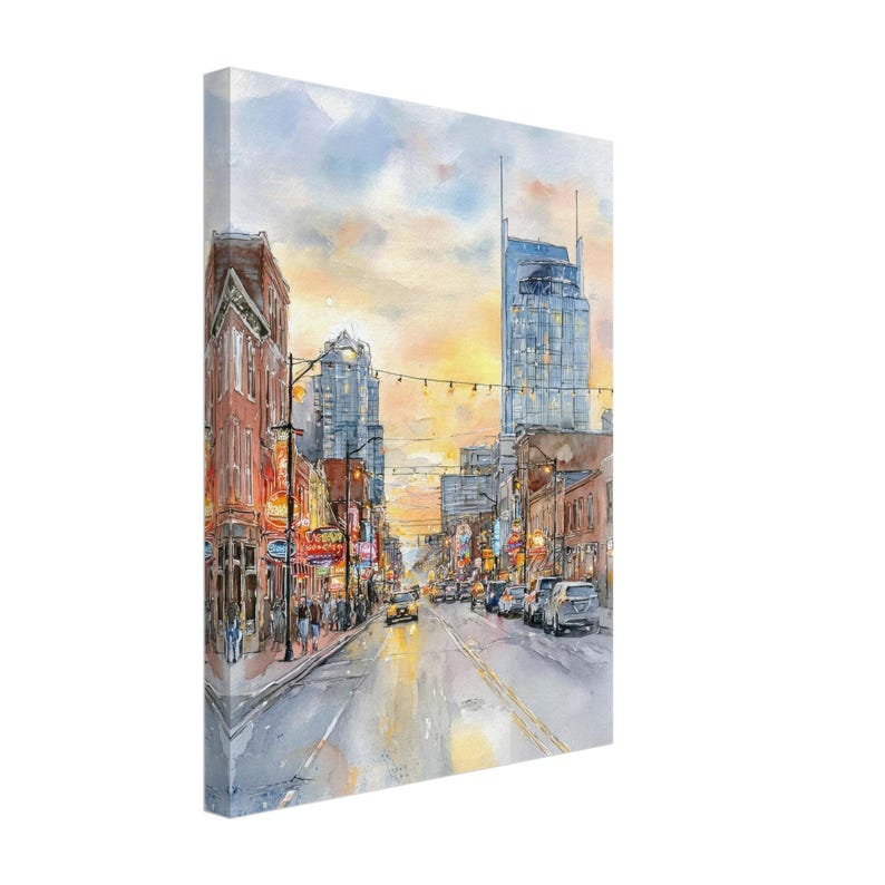 Nashville Watercolor Painting Print: Broadway Street Wall Art Tennessee Cityscape Canvas by NataliaAyuArt image 7