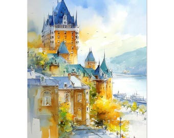 Quebec City Watercolor Print: Château Frontenac, Canada Travel Wall Art