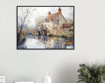 コッツウォルズのアートプリント：水車小屋の水彩画、イギリスの田園