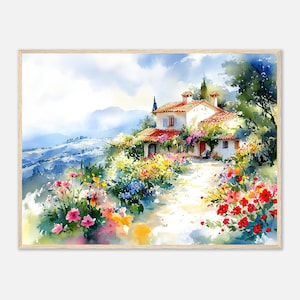 Tuscan Countryside Watercolor Print: Rustic Italian Village Wall Art