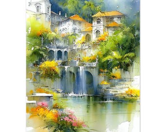 Impresión del jardín del Palacio de Monte Madeira: Arte de acuarela tropical portuguesa