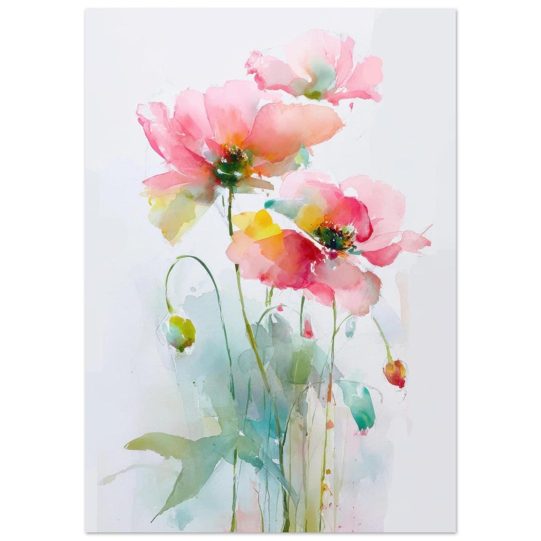 Poppy Flower Watercolor Print, Minimal Floral Wall Art, Red Pink ...