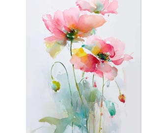 Impression aquarelle fleur de pavot, art mural floral minimal, affiche botanique rose rouge, décoration florale moderne, oeuvre d'art nature douce