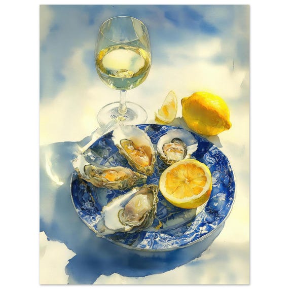 牡蠣のアートプリント：フランス料理の壁掛けアート、シーフード