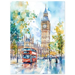 Big Ben London Watercolor Print London Red Bus Wall Art Print UK Cityscape Painting British Travel Poster  London Canavas by NataliaAyuArt
