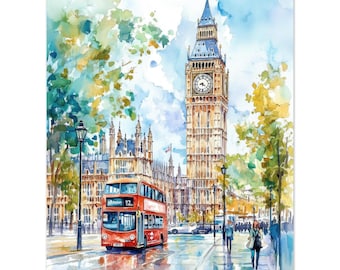 May include: A watercolor painting of the Elizabeth Tower, commonly known as Big Ben, in London. A bright red double-decker bus travels along a street in the foreground, surrounded by lush green and yellow trees under a soft blue sky.