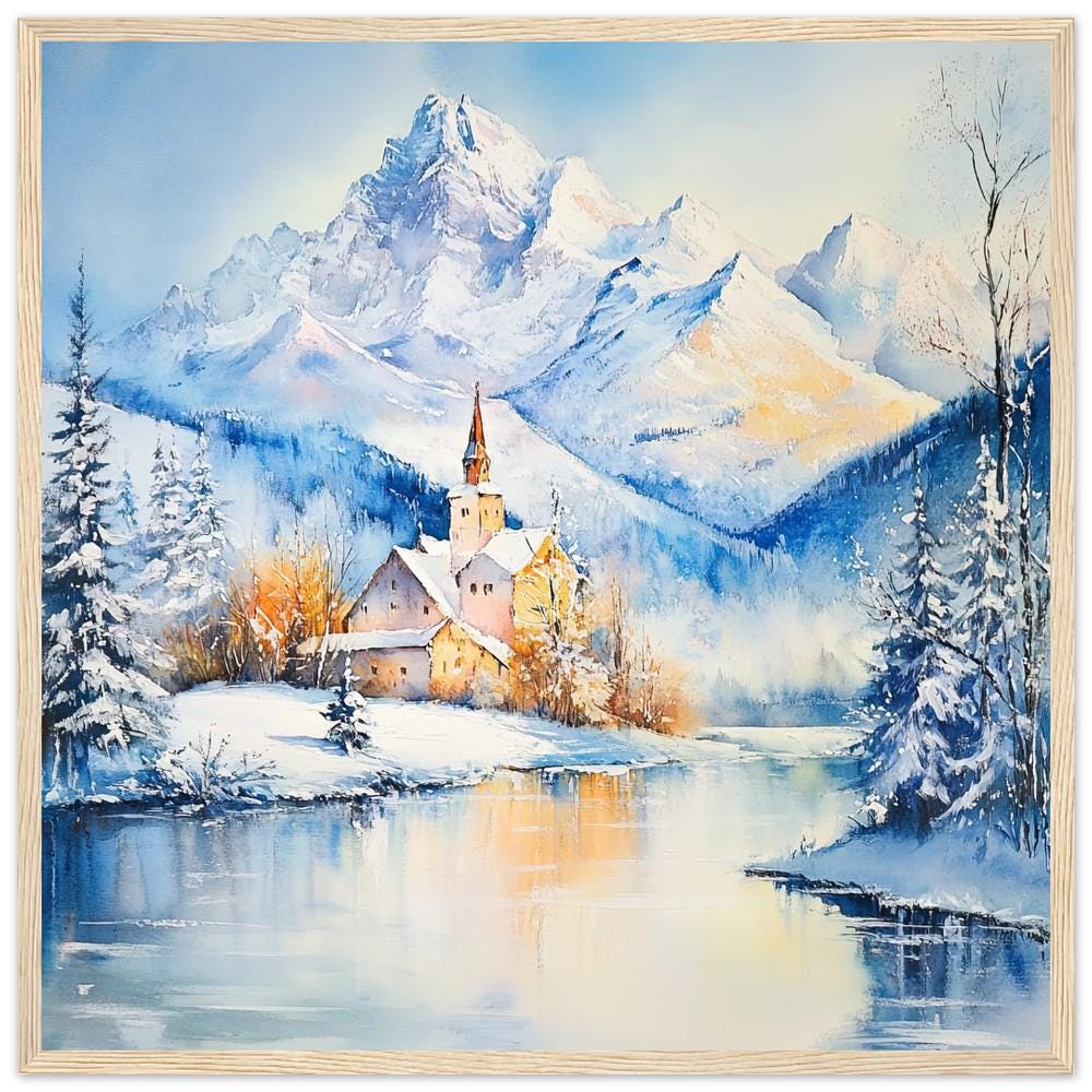 アルプスの冬の城の水彩画プリント：雪山の風景画 - Etsy 日本
