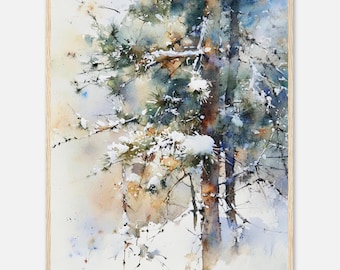 Lámina de acuarela de pino nevado: Arte mural de bosque invernal con árbol de hoja perenne.