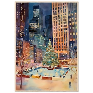 New York Christmas Tree Watercolor Print  Rockefeller Center Ice Rink Wall Art Print Winter NYC Cityscape Art Print  Holiday Travel Poster