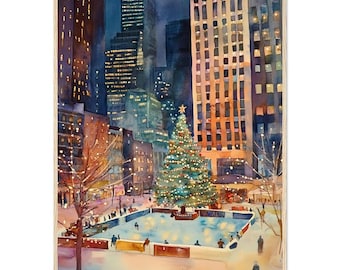 ロックフェラーセンターのクリスマスツリーの水彩画：ニューヨークの冬