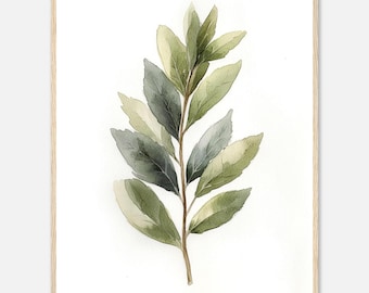 May include: A watercolor painting of a green leafy branch with a white background.