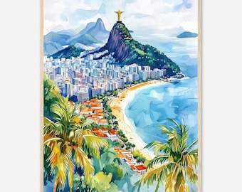 Rio de Janeiro Art Print: Christ the Redeemer Wall Art, Copacabana Beach Painting, Brazil Travel Decor