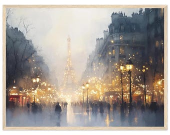May include: A watercolor painting of a Parisian street scene at night. The Eiffel Tower is in the distance, and the street is lined with buildings and streetlights. The street is crowded with people, and the air is filled with a soft, golden glow.