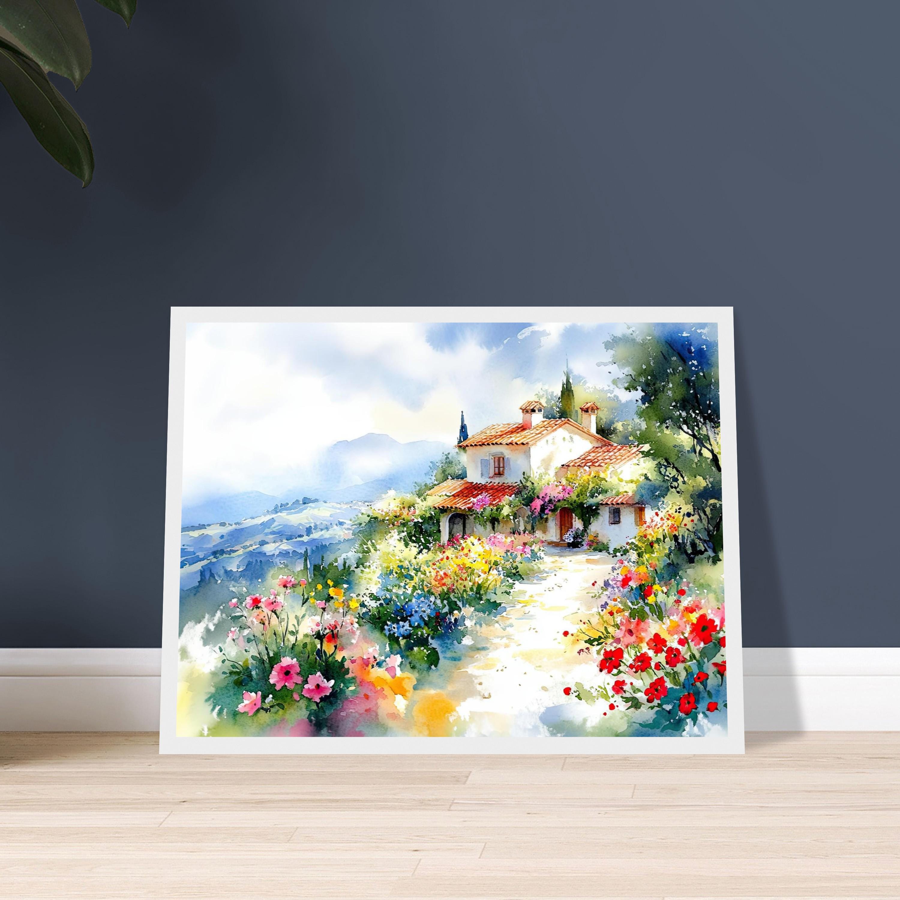 トスカーナの田園風景を描いた水彩画プリント：素朴なイタリアの村の