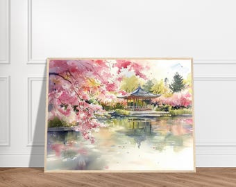 日本の庭園の水彩画プリント：桜の壁掛けアート、桜の池の風景画