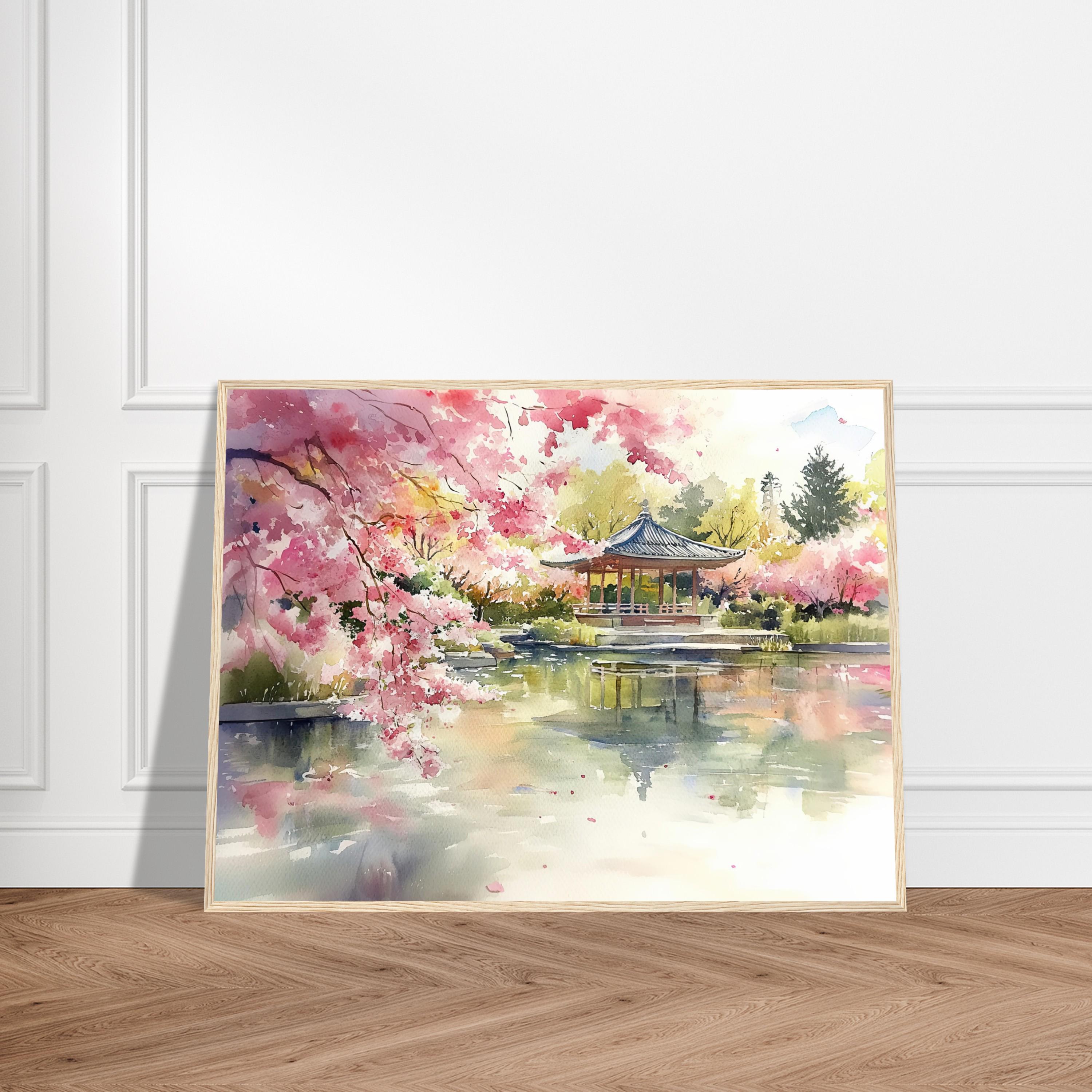 日本庭園の水彩画：桜と桜池の風景 - Etsy 日本