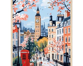 London Spring Watercolor Print: Big Ben & Cherry Blossoms