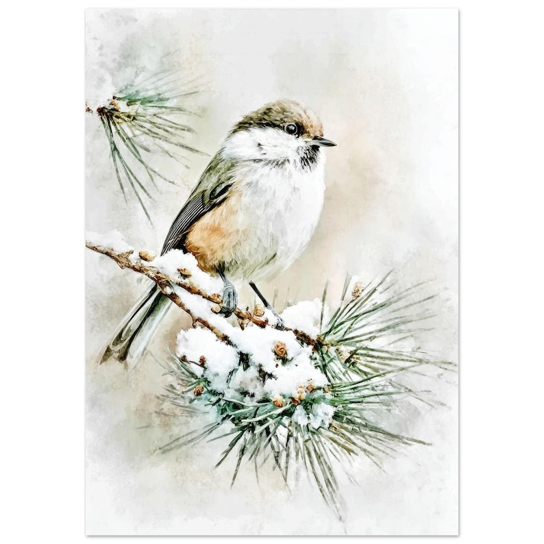 Chickadee Watercolor Print: Snowy Pine Branch Winter Wall Art image 1