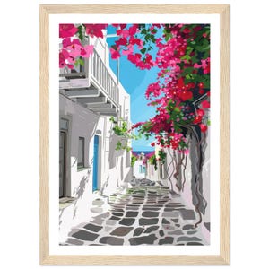 Greek Island Street Bougainville Wall Art Print Mykonos Coastal Painting  Mediterranean Alleyway with Architectur Poster by NataliaAyuArt