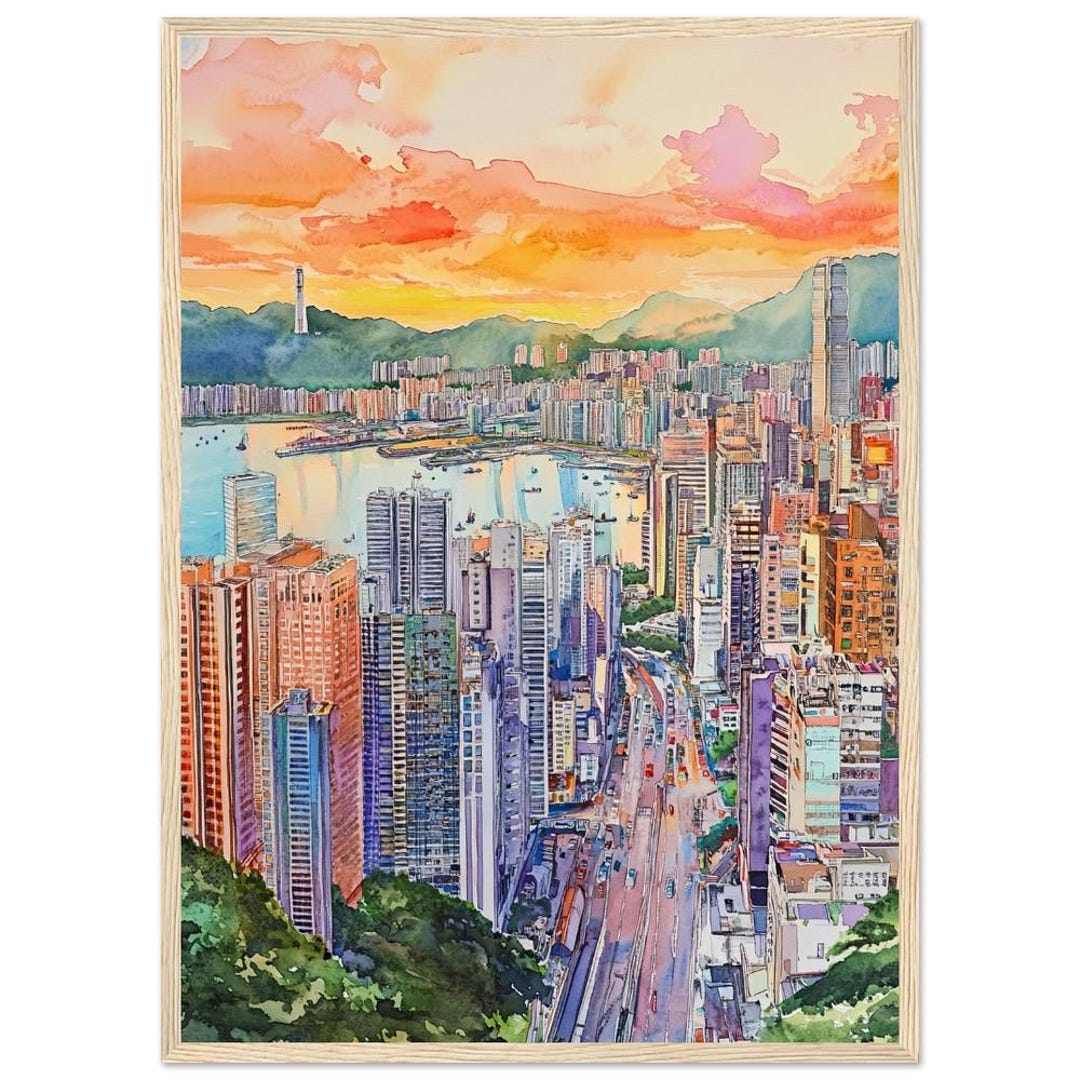 香港のスカイライン水彩画プリント：港の夕日ウォールアート、モダンな