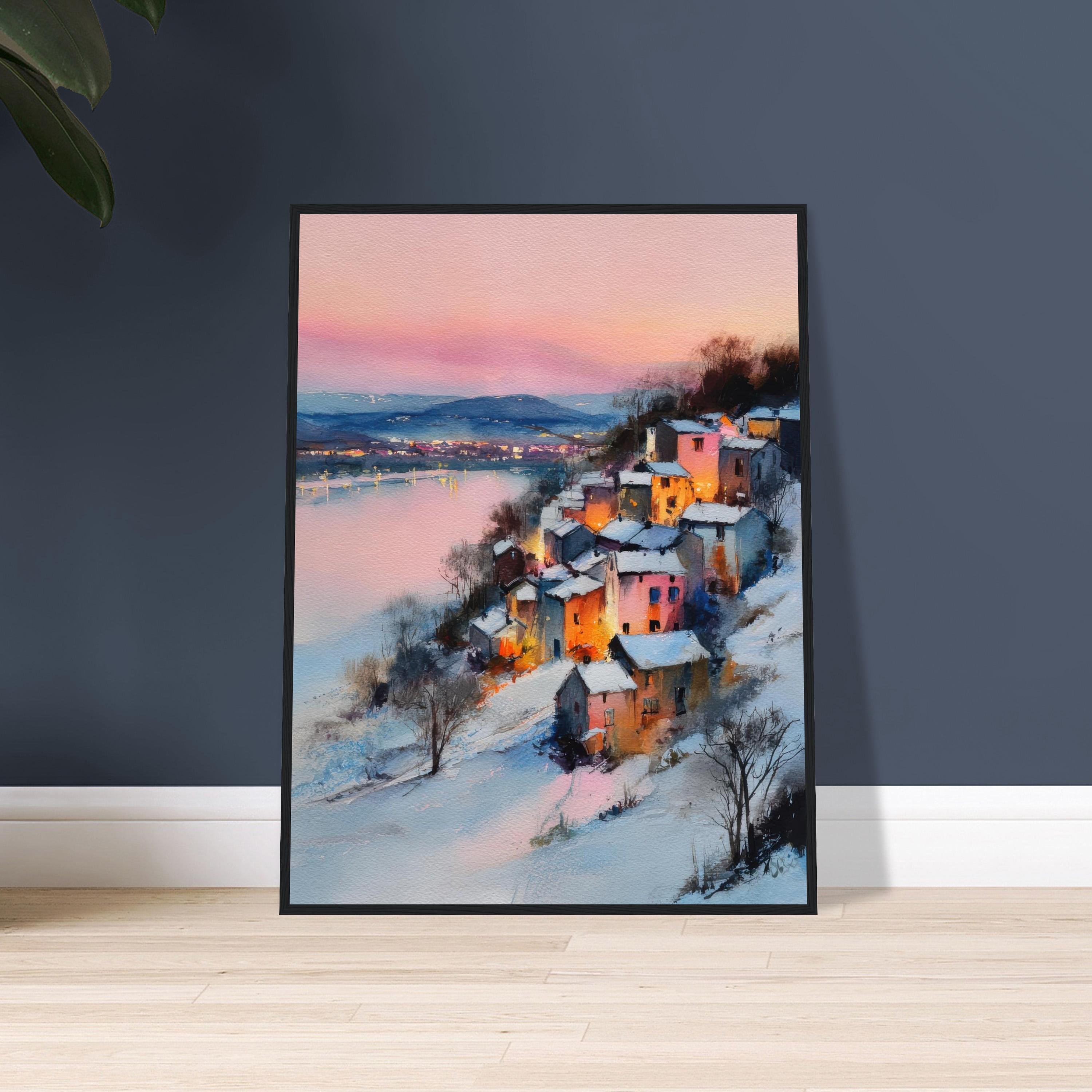 冬の村の水彩画：心地よいヨーロッパの風景画 - Etsy 日本
