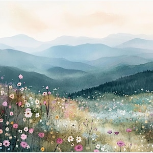 Impresión en acuarela de las Montañas Humeantes: arte mural de las Montañas Blue Ridge, pintura de paisaje de flores silvestres de los Apalaches