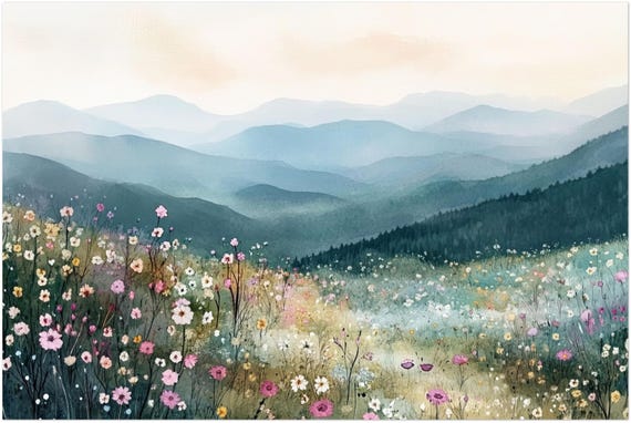 Smoky Mountains Watercolor Print: Blue Ridge Mountains Wall Art, Appalachian Wildflower Landscape Painting
