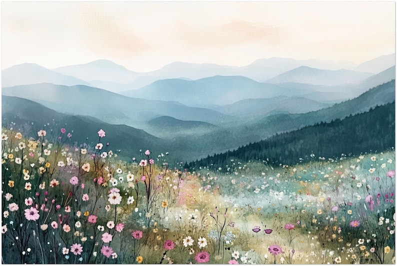 May include: A watercolor landscape painting featuring a foreground of colorful wildflowers in shades of pink, yellow, and white, set against a backdrop of layered, misty blue mountain ranges under a soft, pale sky.
