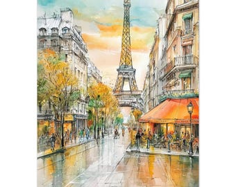 Paris Eiffel Tower Watercolor Print: Romantic Cafe Scene Wall Art Parisian Architecture Artwork