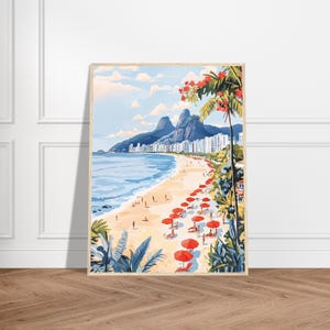 May include: A colorful painting of a beach scene in Rio de Janeiro, Brazil. The painting features a beach with red umbrellas, palm trees, and a view of the city and mountains in the background.