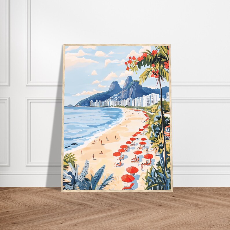 May include: A colorful painting of a beach scene in Rio de Janeiro, Brazil. The painting features a beach with red umbrellas, palm trees, and a view of the city and mountains in the background.