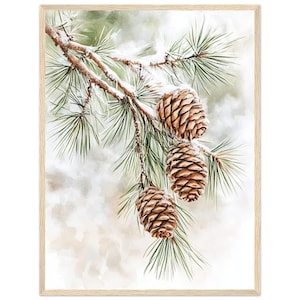 Pine Branches Wall Art Print Snow-Covered Pine Cones Watercolor Painting Winter Nature Scene Minimalist Wall Art Artwork  by NataliaAyuArt