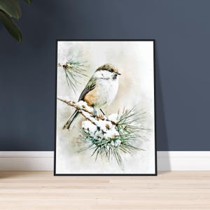 May include: A framed watercolor print of a small bird perched on a snow-covered pine branch. The bird has a white breast, brown back, and a dark head. The artwork is set against a soft, blurred background, creating a serene winter scene.