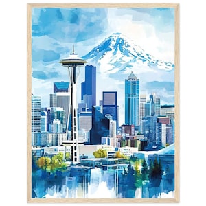 Seattle Skyline Watercolor Painting Print Space Needle Cityscape Wall Art Print Mount Rainier Poster Seattle Urban Artwork by NataliaAyuArt