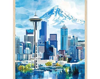 May include: A watercolour painting of the Seattle skyline featuring the Space Needle and Mount Rainier in the background. The city is depicted in shades of blue and green, with a white snow-capped mountain.